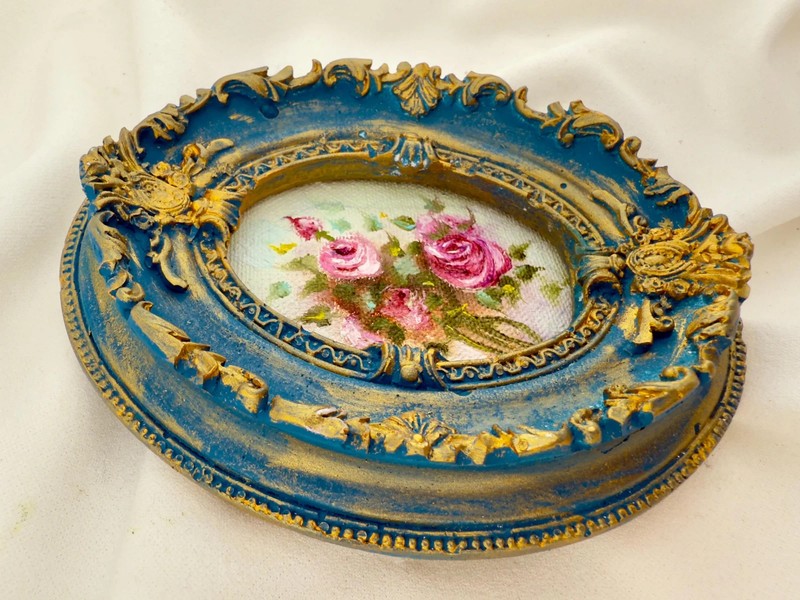 Tiny Oil Painting: Moody Floral Art in Baroque Frame (12cm x 14cm) gallery