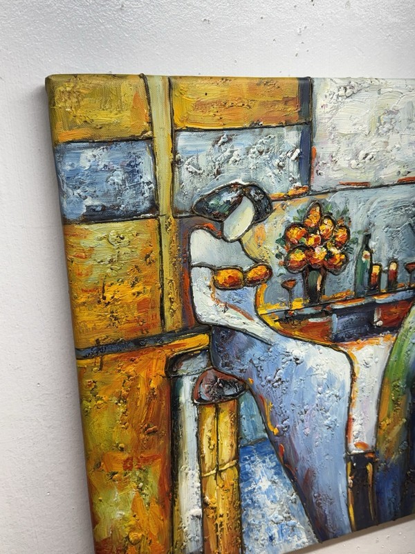 W. Mirkin Signed Colorful, Bold, Impasto Women Bar Scene Abstract Oil Painting gallery