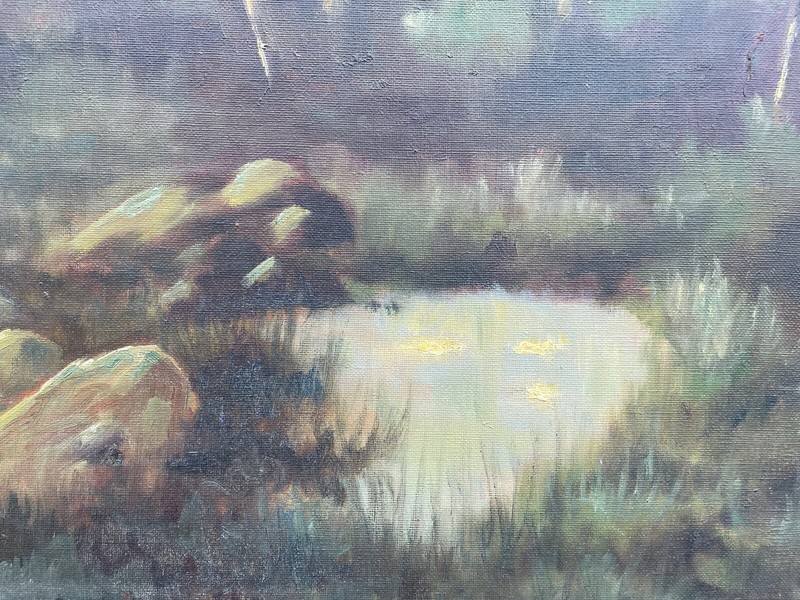 Impressionist Forest Landscape Boulders Stones Lake Trees Nature Oil Painting Antique gallery