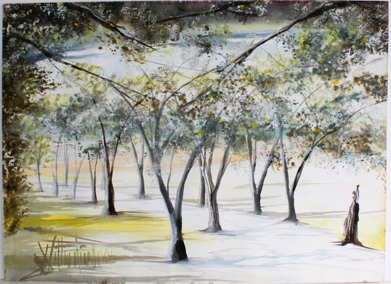 VINTAGE WATERCOLOR ON PAPER SIGNED 1988 LANDSCAPE FOREST TRAIL