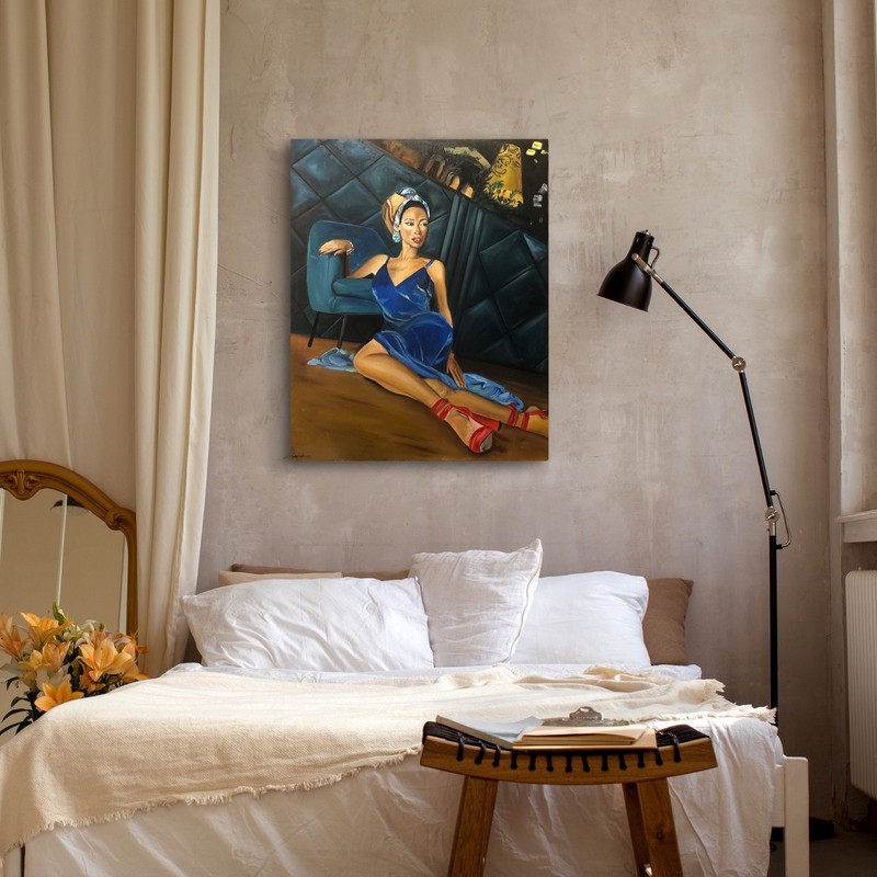 Grace and Power – Figurative Oil Painting of Woman in Velvet and Silk Red Heels gallery