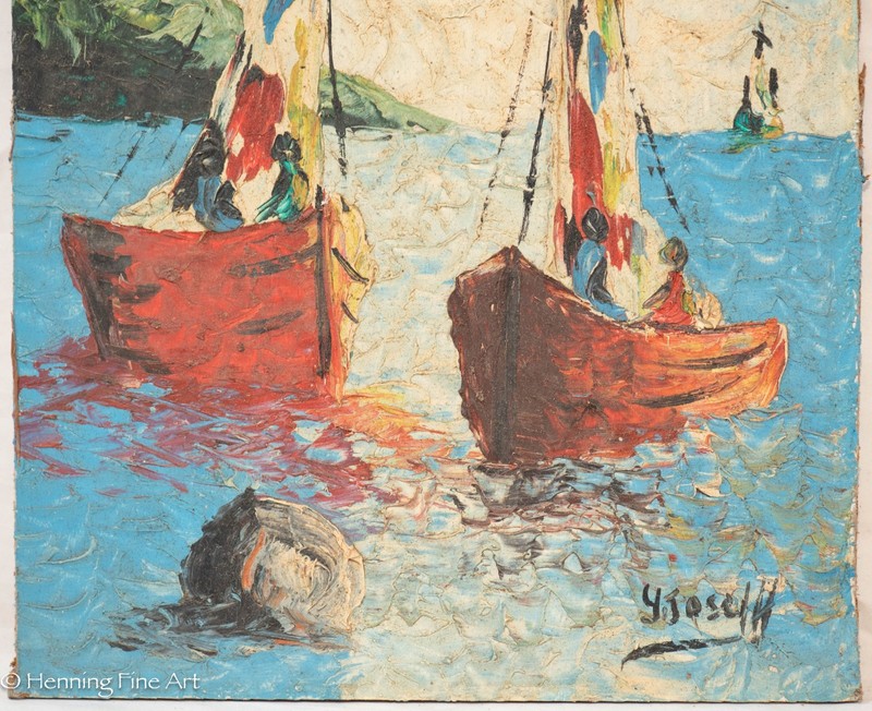 Mid Century Impasto Painting of Twin Red Sailboats Signed "G. Joseph" 15x10" gallery