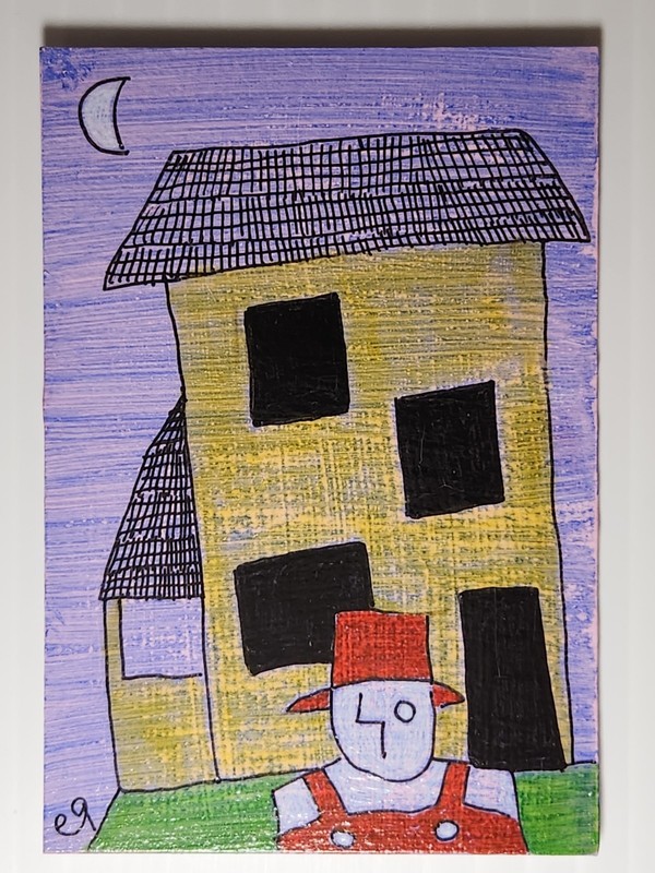 e9Art ACEO man and home outsider art brut naive