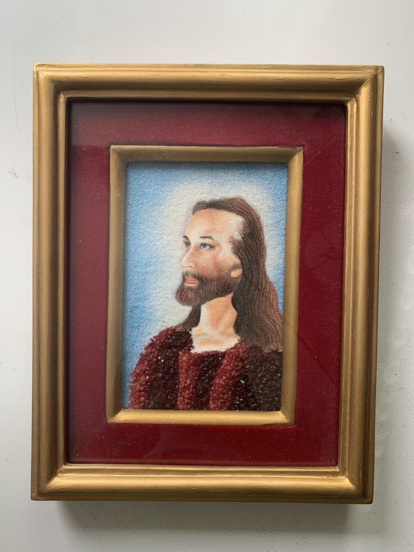 Hand Made Gemstone Painting Jesus Christ Real Precious Crushed Gems Framed Art