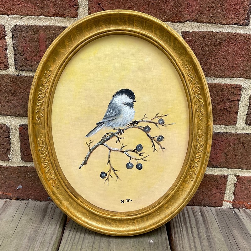 CHICKADEE # 85 - original framed oval birdie painted in oil by K. McDermott gallery