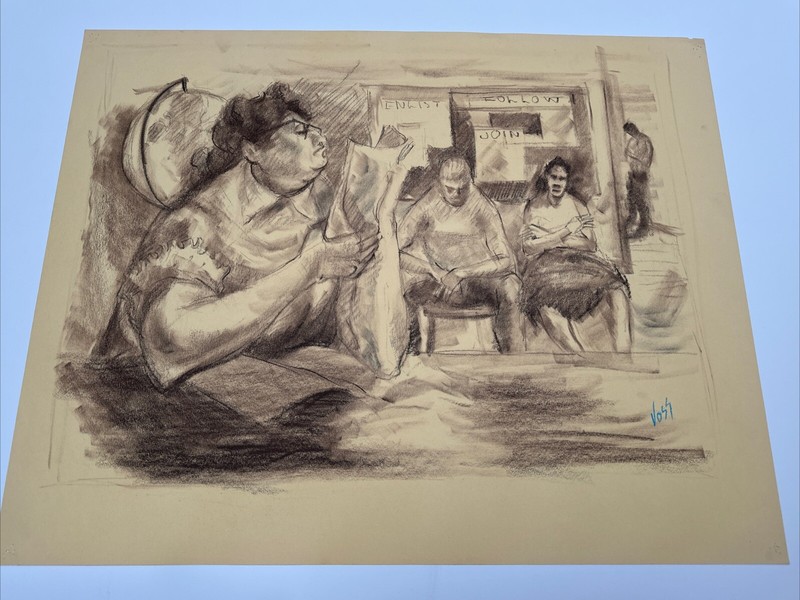 PAINTING DRAWING BY VOSS SIGNED MILITARY MID CENTURY URBAN REGIONALISM 24″