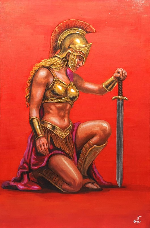 Warrior Woman Sword Oil Painting Original Fantasy Portrait Art Canvas 12×18