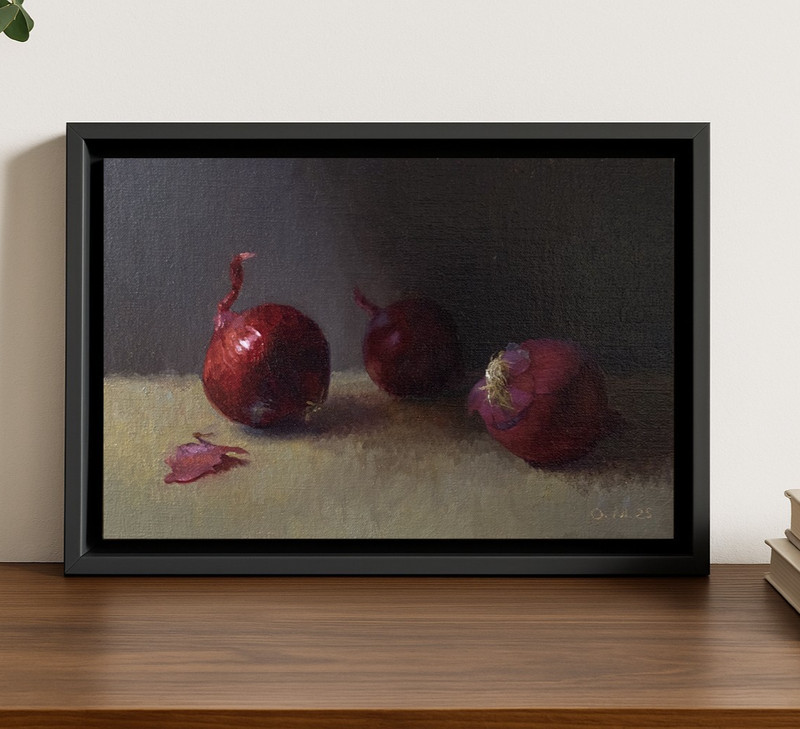 Original Oil Painting of Red Onion on Linen Panel Dutch Still Life, Signed