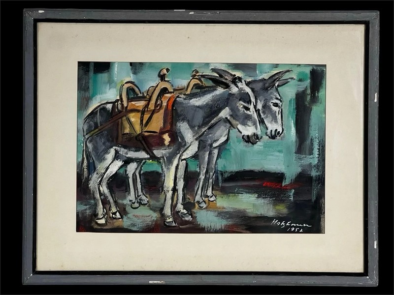 1952 Emil Eugen Holzhauer Modernist Watercolor Donkeys Painting Framed