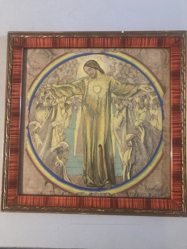 Painting Gouache On Cardboard Portrait 1950 Jesus Christ Cross Antique Old gallery