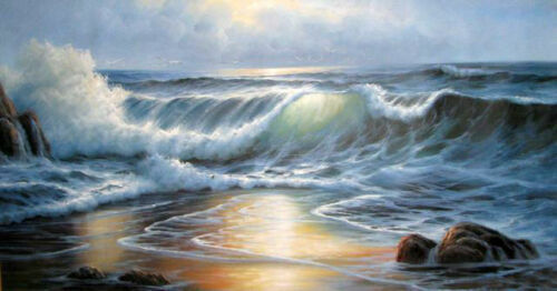 Oil painting seascape with nice ocean waves and rocks in sunset