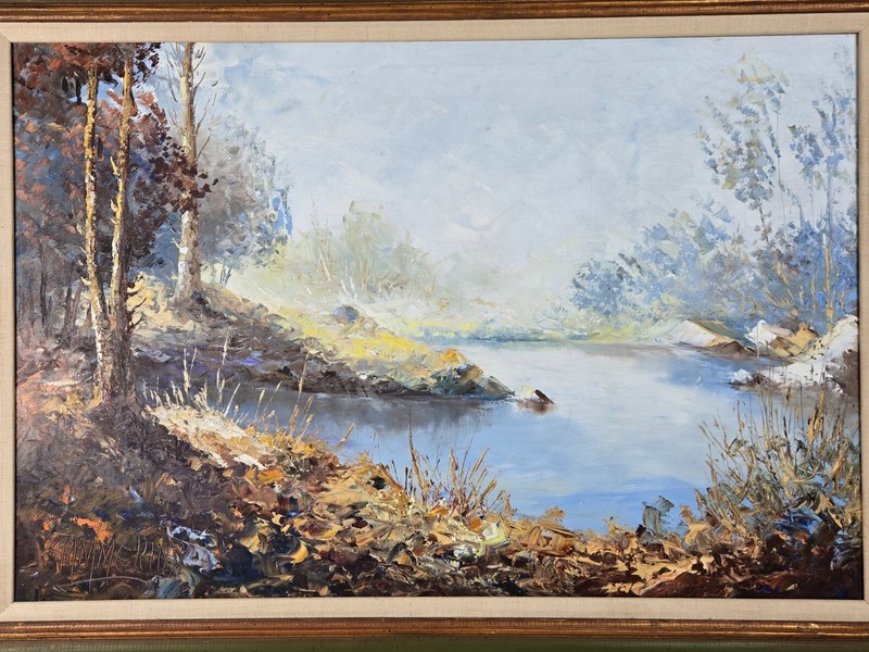 Manuel Munoz Merida, Spain original landscape w river oil painting 36" x 24" gallery