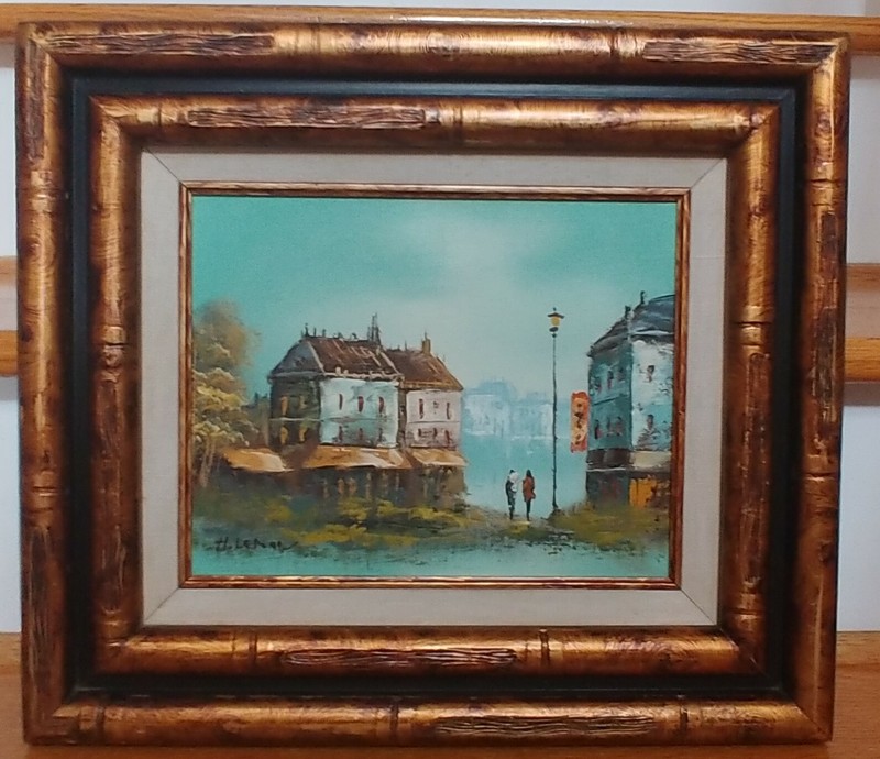 GOLD AND BROWN FRAME VTG OIL PAINTING 8″x10″ CANVAS EUROPEAN STREET SCENE LEMON