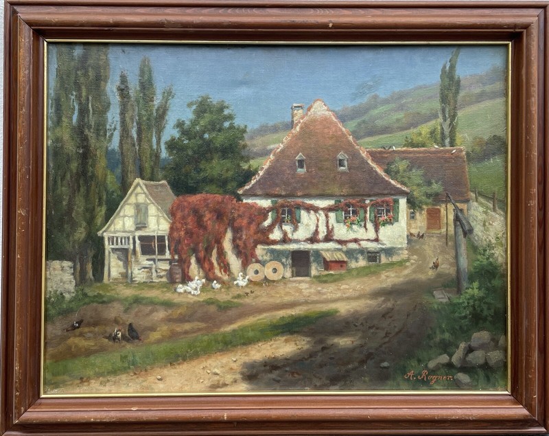 Impressionist Sunny Country House Farm Idyll Chickens Ducks Geese Oil Painting