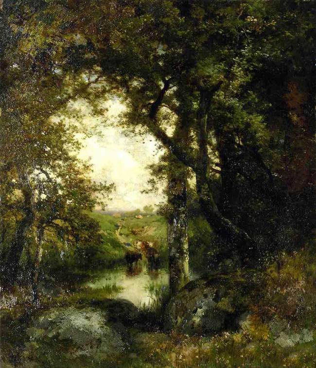 Large Oil painting Thomas Moran – Pool in the Forest, Long Island cows landscape