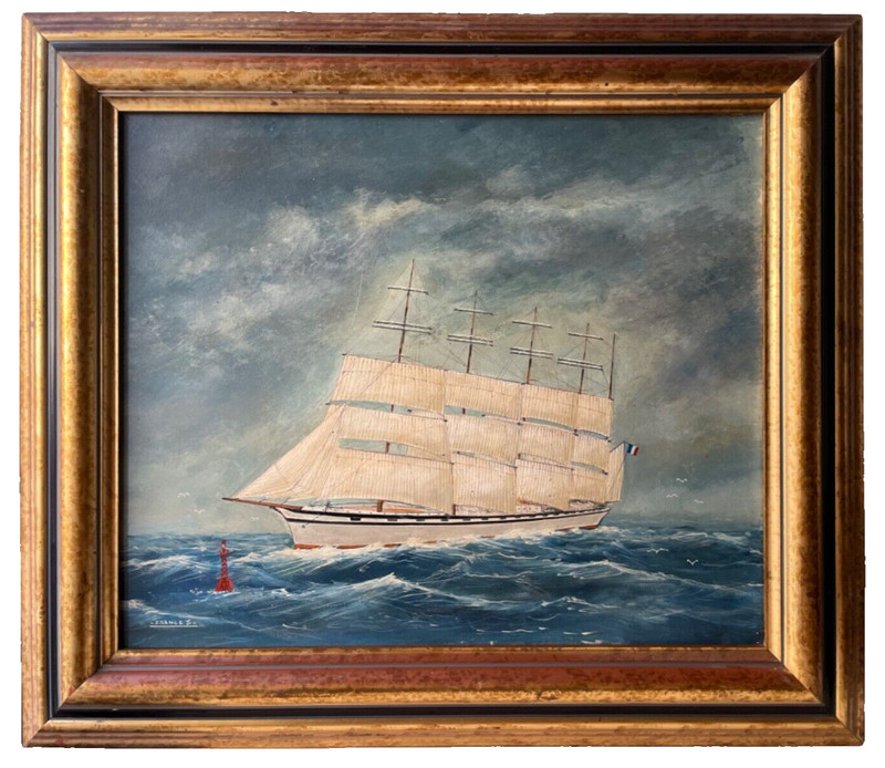 PORTRAIT OF A FRENCH TALL SAILING SHIP – FINE OIL BOARD FRAMED – THE FRANCE II