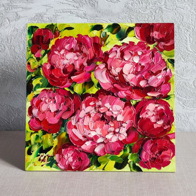 original oil painting Red Peony Garden Flowers Impasto Floral wall art 8*8 in gallery