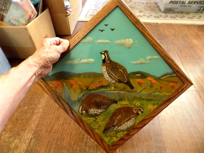 Vtg Hand Painted Bird Pheasants on Glass Wooden Frame Unique Vivid Kitchy Art