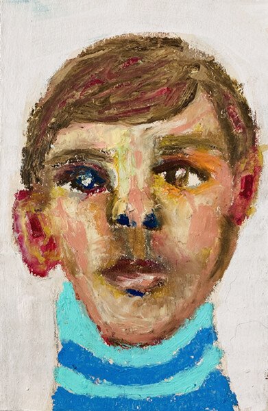 Man Portrait Painting Oil Pastels Blue Striped Sweater Drawing Outsider Wall Art