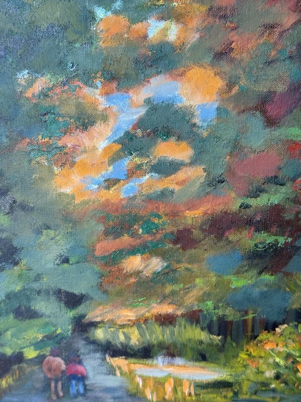 1920s W.S Berghe European Impressionist Oil On Canvas Walk Through Park Signed gallery