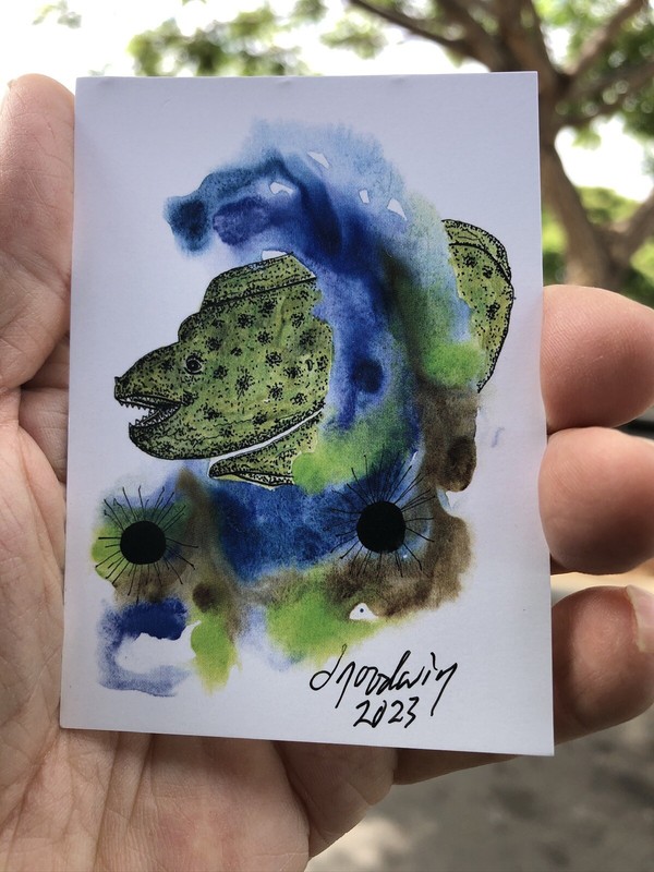 ACEO, PRINT Of My Watercolor Art 💦 , India Ink ✍️ , Green Moray Eel, Puhi