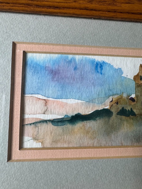 "Castle Ruins And Landscape Scene" Watercolor Painting - Signed And Framed gallery