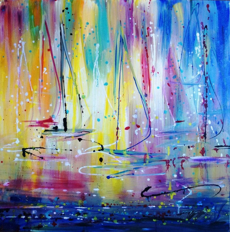Abstract Sailboat Ocean Sunset Painting 30×30 Coastal Drip Art Hawaii Wall Art