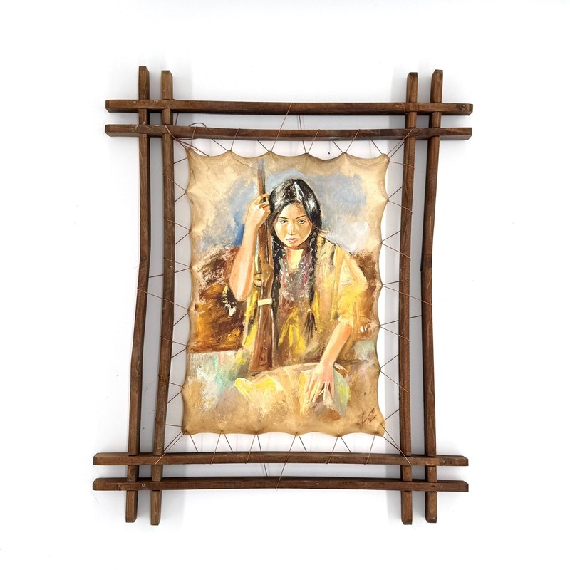 Native American Portrait Framed Leather Surface Fine Art Oil Painting Wall Decor