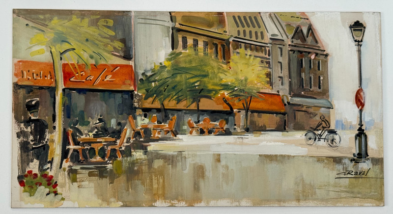 C. RAVEL SIGNED ORIGINAL PAINTING PARIS FRANCE SIDEWALK CAFE BICYCLE CITISCAPE gallery