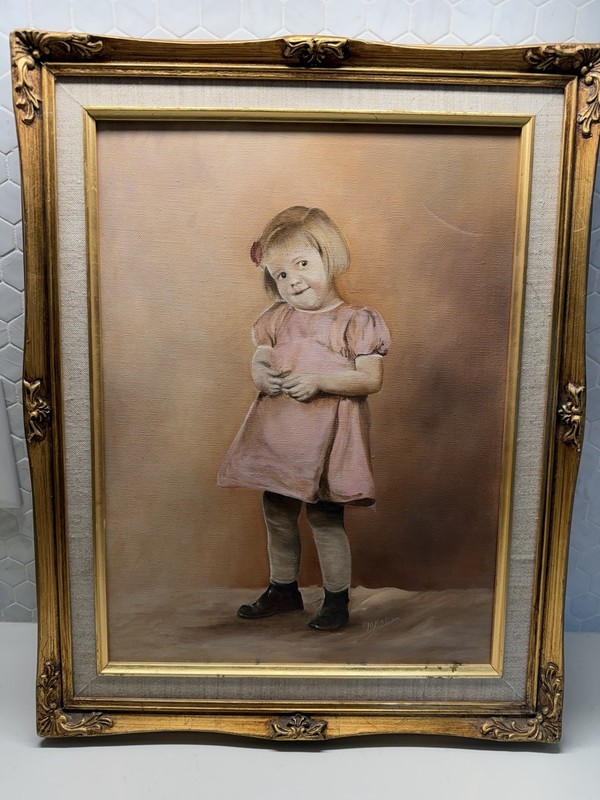 19th Cent. Original Oil Painting Young Girl With Dress Portrait