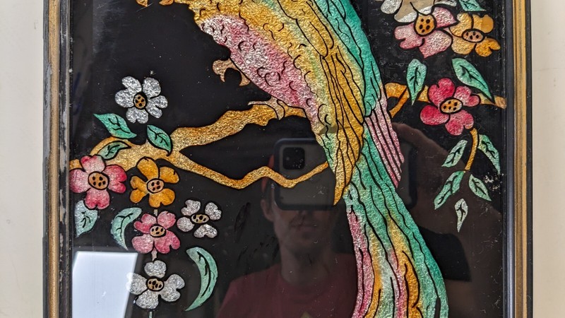 Antique Reverse painted Glass Tinsel foil Art Parrot wood frame 1920's Deco Tiki gallery