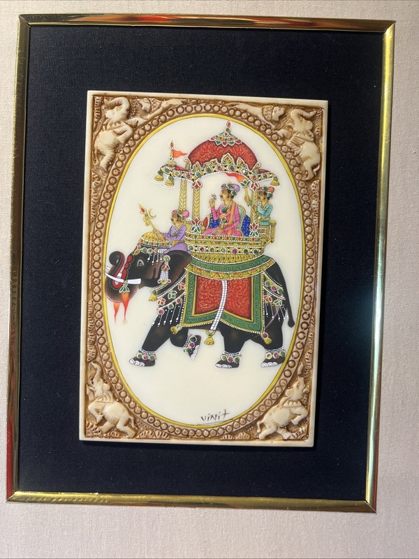 VINTAGE INDIA MUGHAL AMBABARI ORNATE ART ELEPHANT KING FAUX IVORY PANEL VINIT