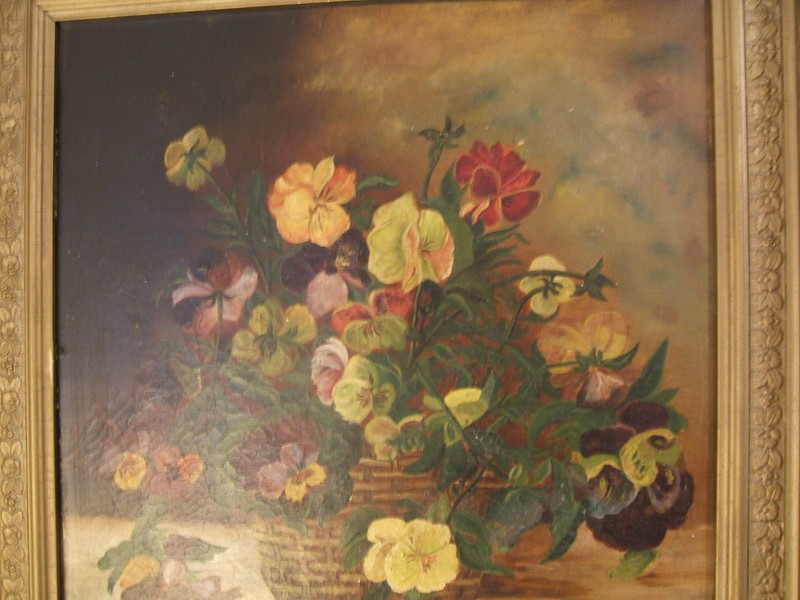 Antique Oil J. Fox 1923 Violet Floral Display Wood Gesso Frame 23 1/2" x 23 1/2" gallery