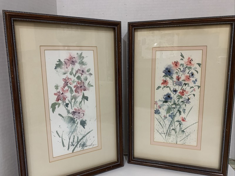Floral Paintings Original Watercolor Wood Framed Art 17×11” Signed B. Hoji Set 2