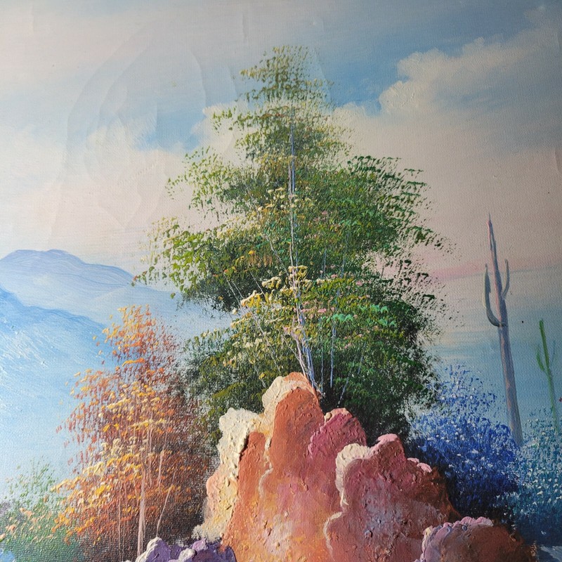 W. Zeller Painting Desert Cacti Landscape Soft Colors Mountains Sky 20x24 gallery