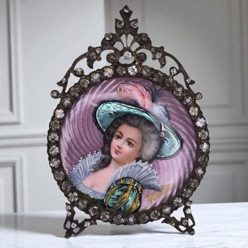 Antique French Lady Portrait Enamel on Copper Signed Foretti in Paste Frame