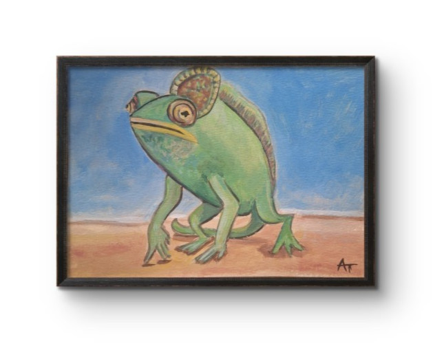Original Contemporary Chameleon On The Beach 5×7 Acrylic Painting On Watercolor