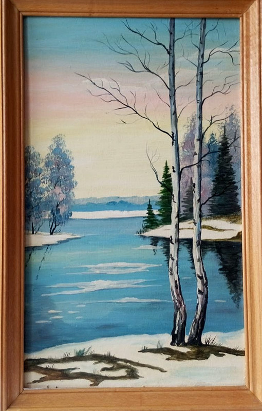 original oil painting early spring birch spruce river beautiful sky las snowtree