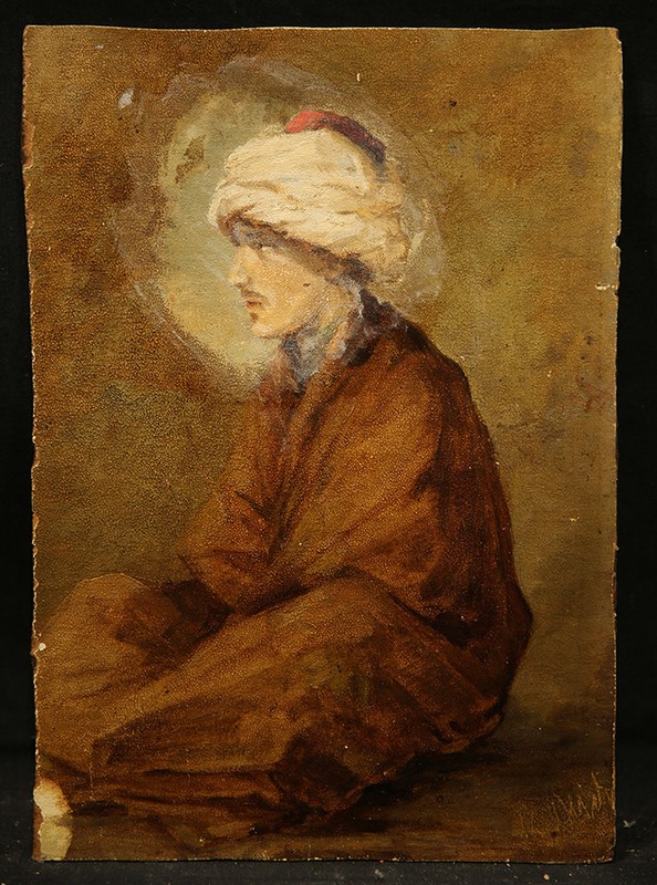 Orientalism Antique Oil Painting on Panel Muslim Man Seated Realistic Style