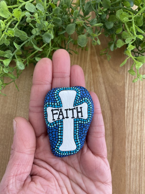 Handpainted Rock W/ Cross Design & The Word Faith Dot Painting gallery