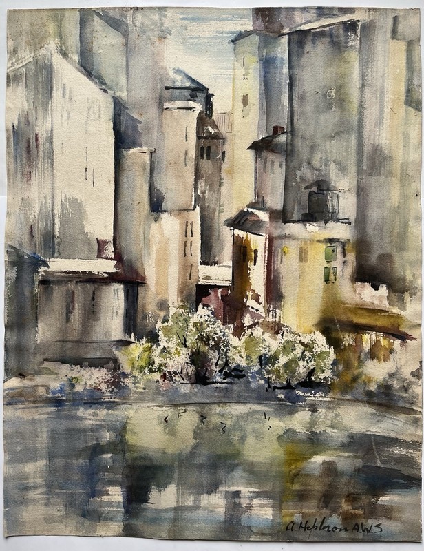 Mid Century 60s Adele Hepbron AWS Signed Modernist Cityscape Watercolor Painting