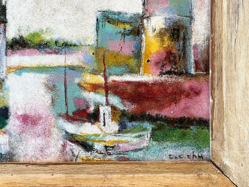 VINTAGE MID- CENTURY " WHARF SCENE" ENAMEL on COPPER PLAQUE PAINTING. SIGNED gallery