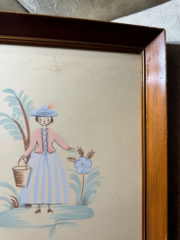 Antique Folk Art "A Young Girl Scene" Ink And Watercolor Painting - Framed gallery