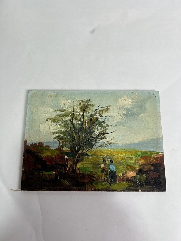 Oil Painting On Wood 2 Lovers In A Green Landscape Mid Century Vintage
