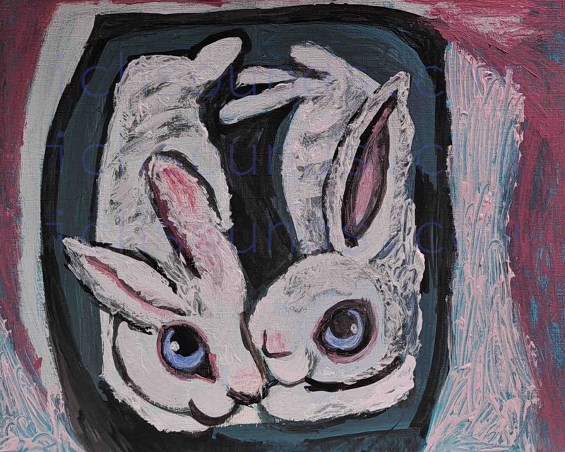 Original 9″x12″ rabbit acrylic painting on paper, signed on the back