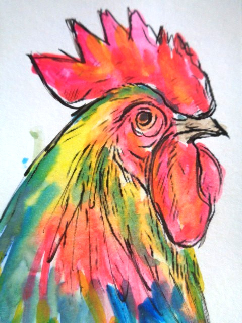 ACEO COLORFUL ROOSTER Watercolor Painting ART