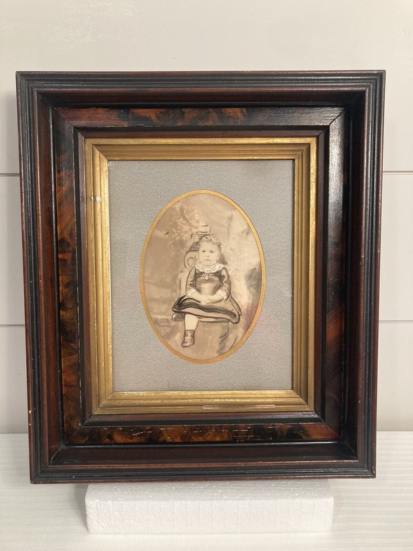 Victorian Hand Painted Watercolor of a Child Walnut Shadow Box Frame