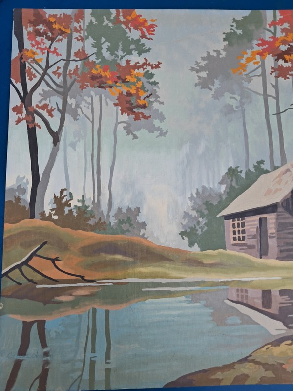 Vintage Paint by Number "Fall Cabin In Thw Woods" Unframed gallery