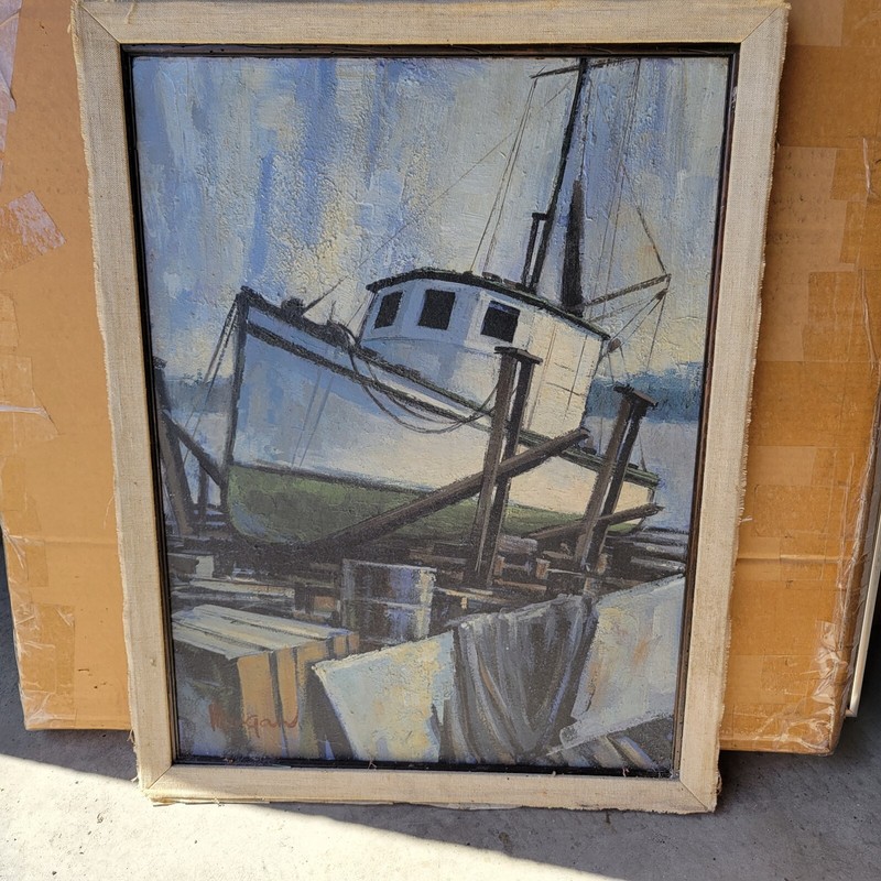 Ship On The Ways Harbor Scene Drydock 27" x 21" Impasto Oil Signed Morgan NICE! gallery