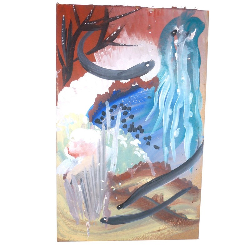 Original Abstract Surrealist Underwater Scene Painting Mixed Media 8×12″